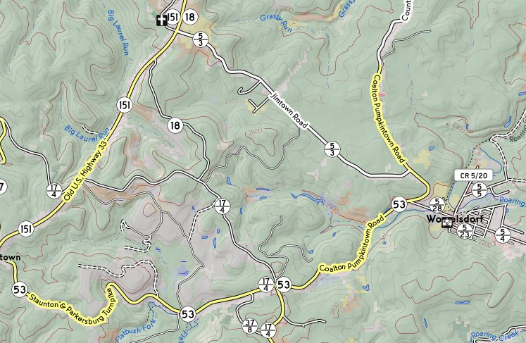 Map of area west of Womelsdorf, West Virginia, US
