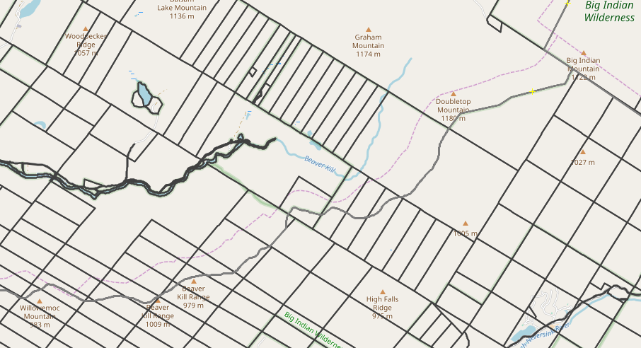 Comparison: OSM, Ulster County, NYSGIS, Denning-Hardenbergh town line