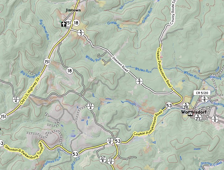 Map of Womelsdorf, WV, with White's Run restored